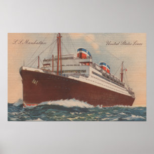 Poster Vue du S.S. Manhattan Cunard Cruise Ship