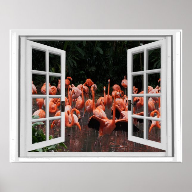 Poster Vue fausse fenêtre Flamants roses roses (Devant)