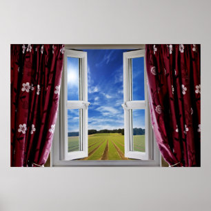 Poster Vue fenêtre sur les terres arables et le ciel bleu