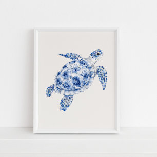 Poster Vue latérale Tortue de mer - Bleu côtier sur le be