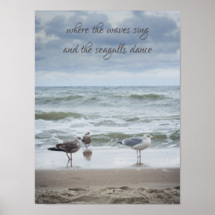 Poster Vue mer : vagues et mouettes