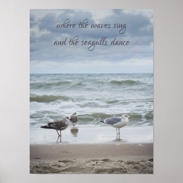 Poster Vue mer : vagues et mouettes (Devant)