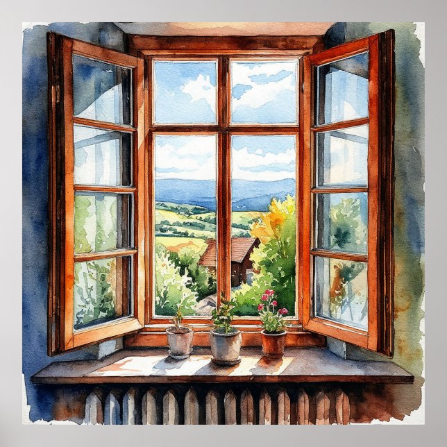 Poster Vue panoramique de la campagne à travers une fenêt (Devant)