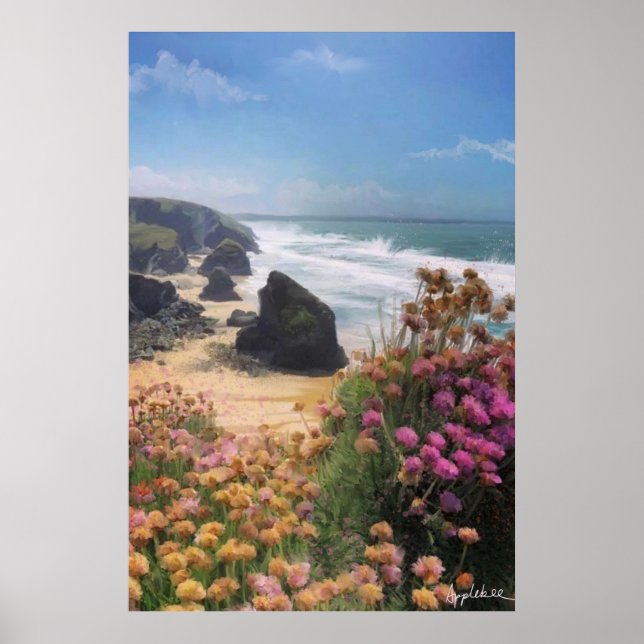 Poster Vue sur la falaise de la plage avec des fleurs, (Devant)