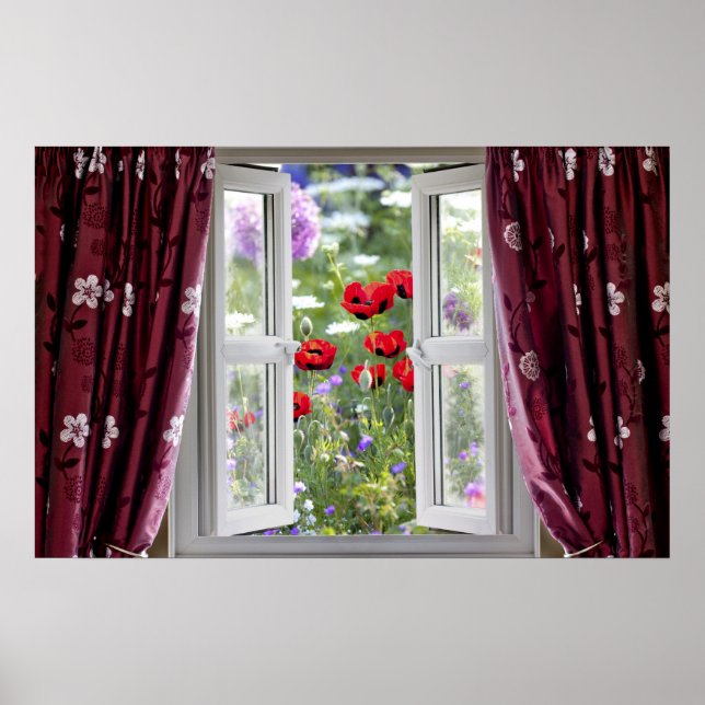 Poster Vue sur la fenêtre ouverte sur le jardin de fleurs (Devant)