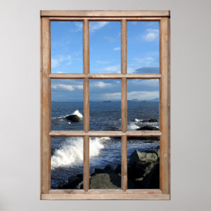 Poster Vue sur la mer depuis une fenêtre avec des vagues 