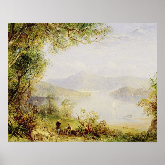 Poster Vue sur la rivière Hudson, vers 1840-45 (huile sur (Devant)