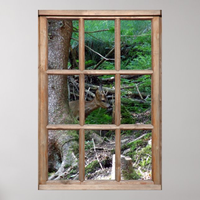 Poster Vue sur le bois à partir d'une fenêtre (Devant)