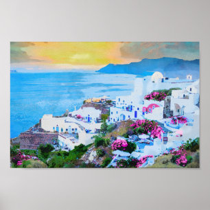 Poster Vue Sur Le Coucher De Soleil De Santorin Depuis Oi