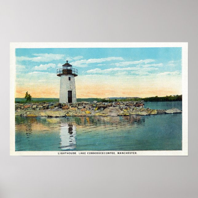 Poster Vue sur le lac Cobbosseecontee et le phare (Devant)