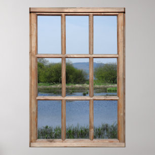 Poster Vue sur le lac et les collines depuis une fenêtre
