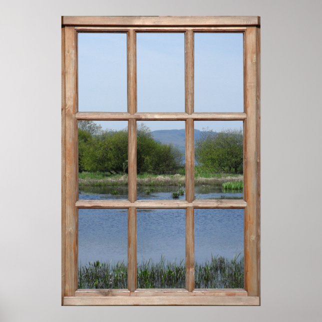 Poster Vue sur le lac et les collines depuis une fenêtre (Devant)