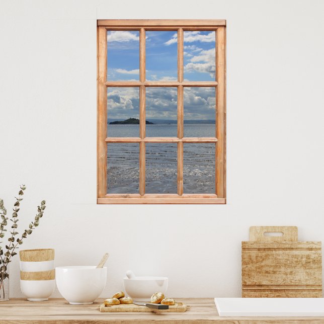 Poster Vue sur l'île et l'océan depuis une fenêtre (Cuisine)