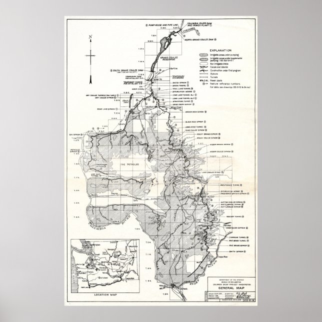 Poster WA Columbia River - Plan du projet de barrage Coul (Devant)