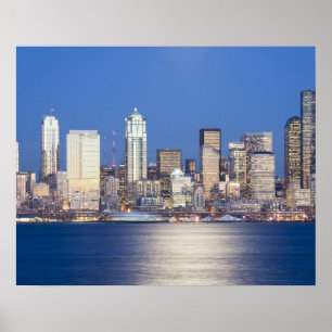 Poster WA, Seattle, ligne d'horizon de Seattle et baie d'