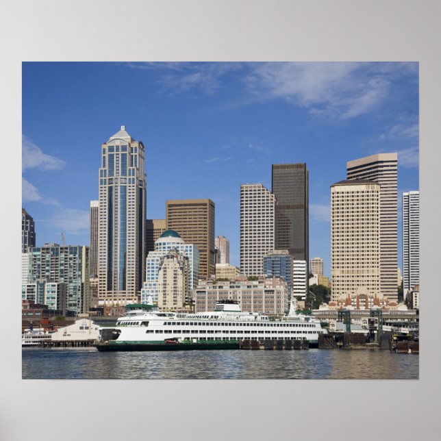 Poster WA, Seattle, Seattle skyline avec ferry boat (Devant)