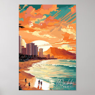 Poster Waikiki Hawaii Art illustration de voyage vintage