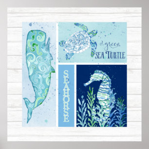 Poster Wall Art Beach Ocean Shore Turtle Seahorse