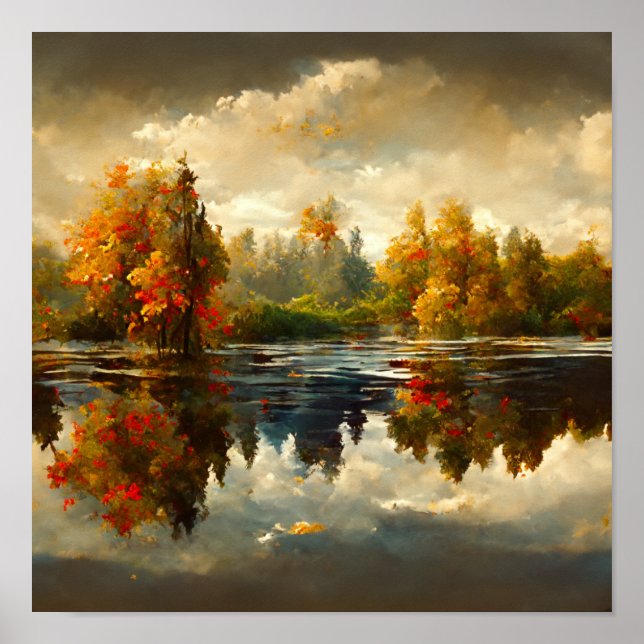 Poster wall art - Fall scene of trees by lake side (Front)