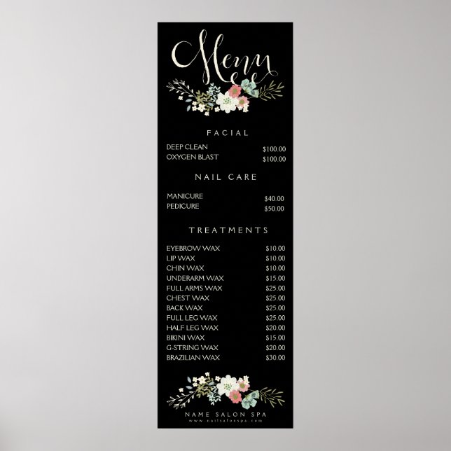 Poster Wall Imprimer Salon Spa Beauticier Menu Tarifs (Devant)