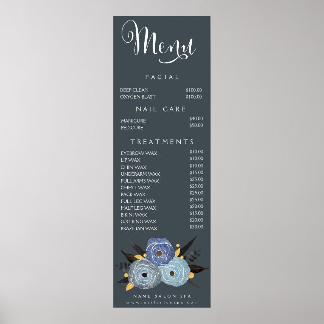 Poster Wall Imprimer Salon Spa Beauticier Menu Tarifs (Devant)