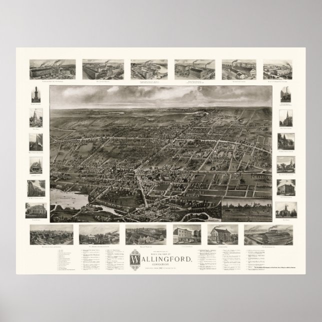 Poster Wallingford, CT Carte panoramique - 1905 (Devant)