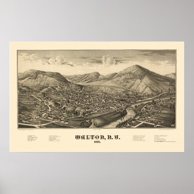 Poster Walton, NY Carte panoramique - 1887 (Devant)
