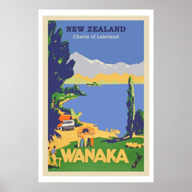 Poster Wanaka, Vintage voyage néo-zélandais (Devant)
