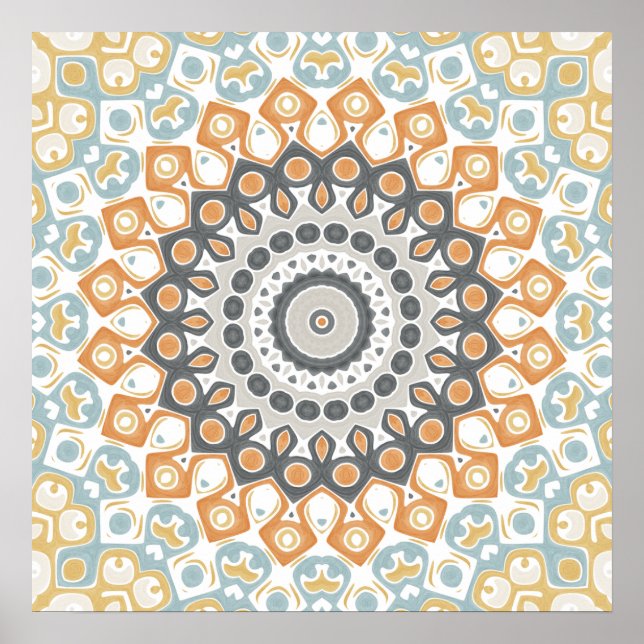 Poster Warm Orange and Gray Geometric Mandala Pattern (Devant)