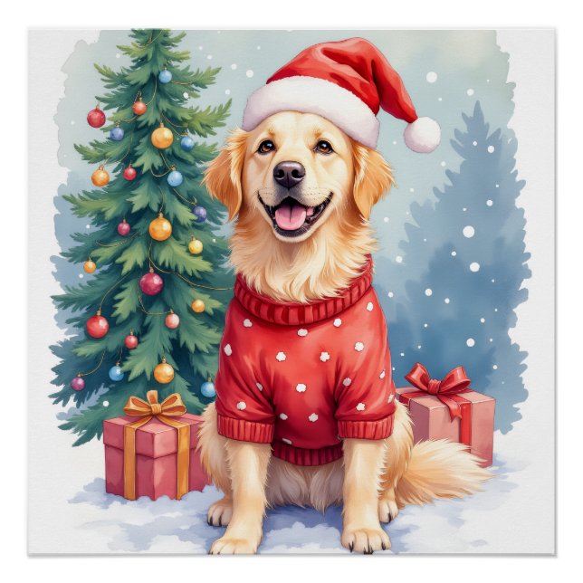 Poster Warm Watercolor Golden Retriever Christmas Tree (Devant)