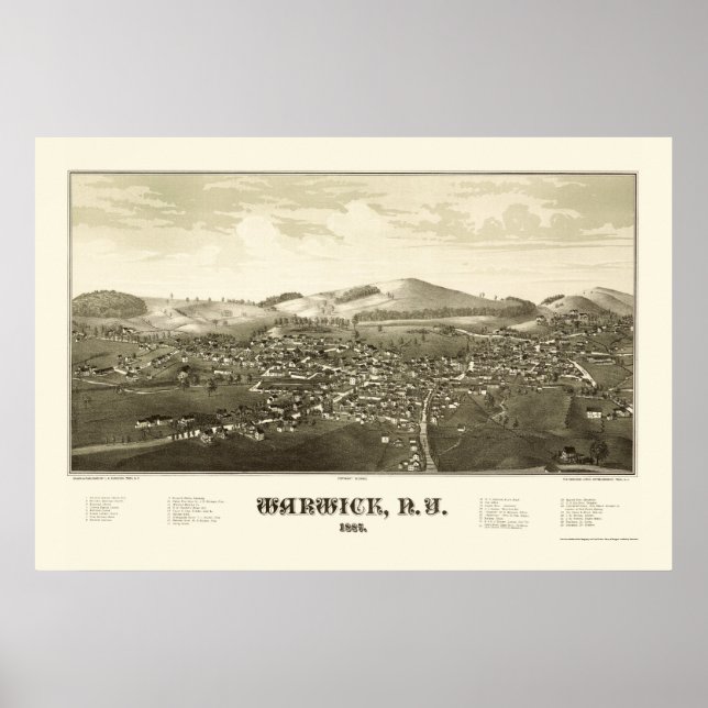 Poster Warwick, NY Carte panoramique - 1887 (Devant)