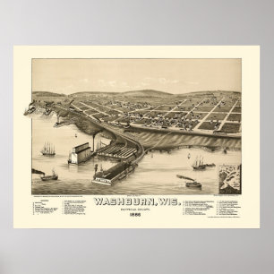 Poster Washburn, carte panoramique de WI - 1886