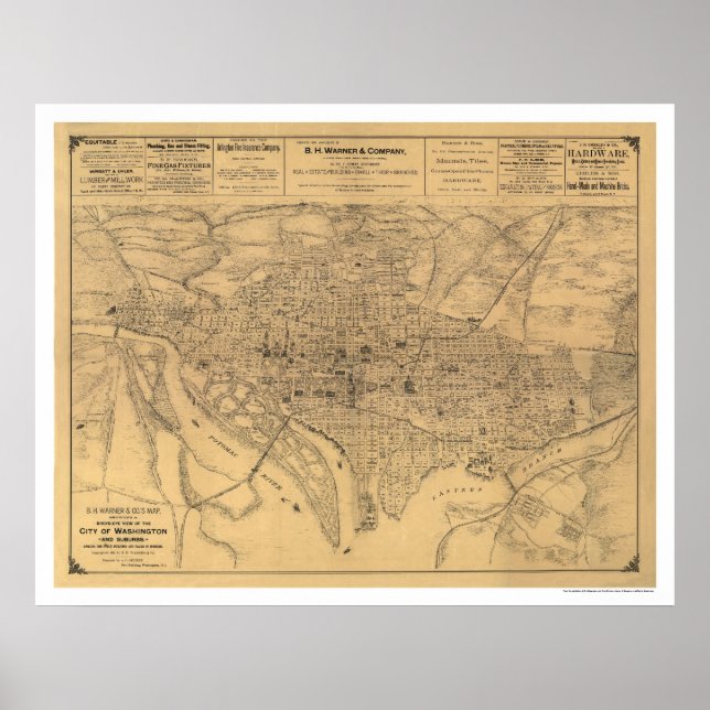 Poster Washington DC & Banlieues Carte par Gedney 1886 (Devant)