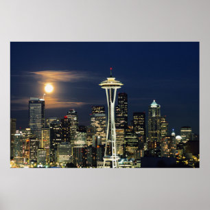 Poster Washington, Seattle, Skyline la nuit depuis Kerry