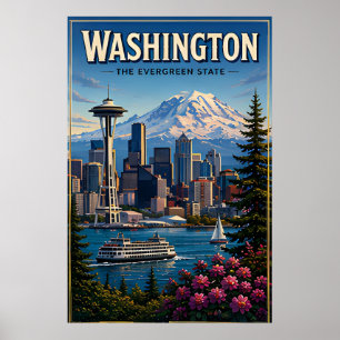 Poster Washington Seattle Skyline Montagne Front de mer