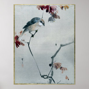 Poster Watanabe Seitei Bird on Branch Watching Spider