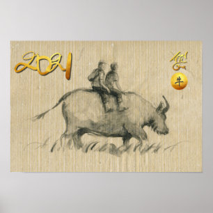 Poster Water Buffalo Children Chinese Ox Année 2021 HorP