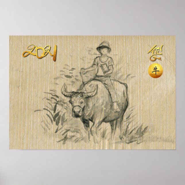 Poster Water Buffalo Kid Chinese Ox Année 2021 HorP Post (Devant)