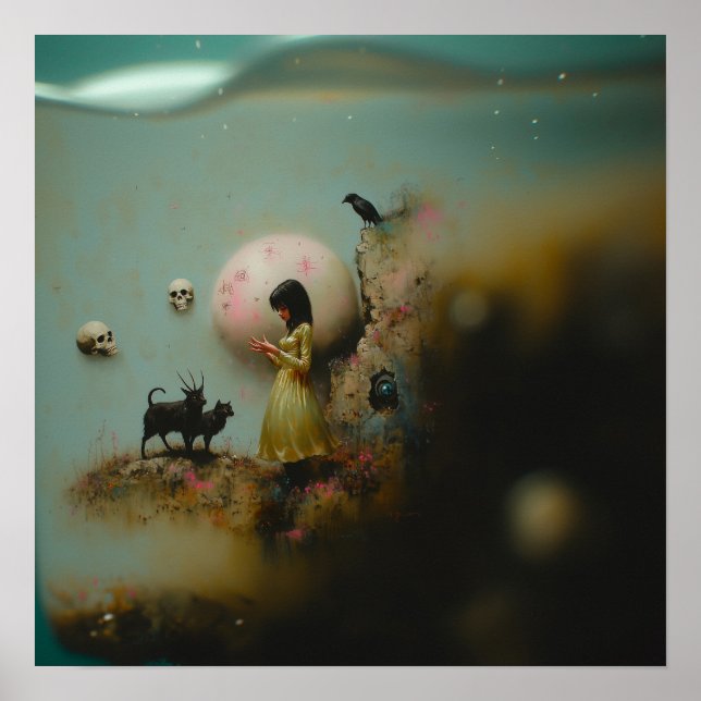 Poster Water Priestess Raven Witchy AI Art Matte Value (Devant)