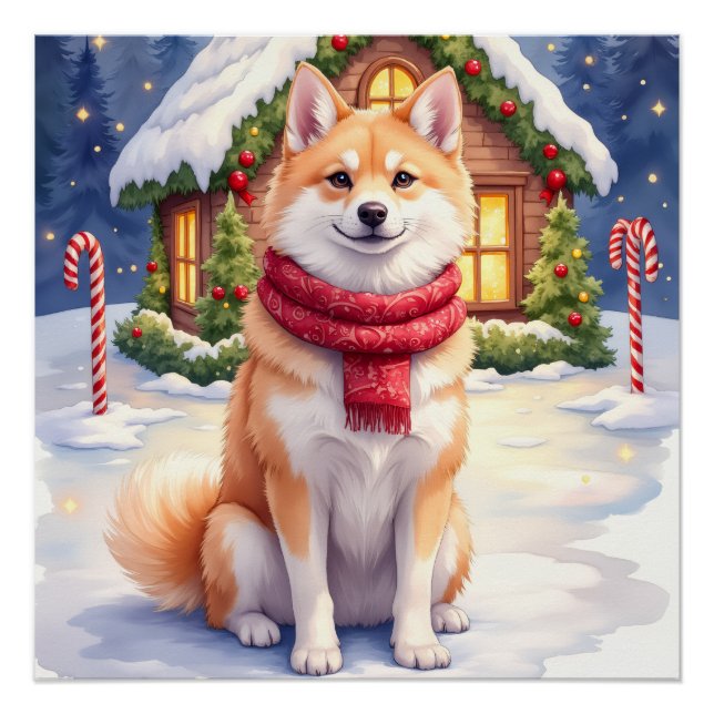 Poster Watercolor Akita Gingerbread House Christmas  (Devant)