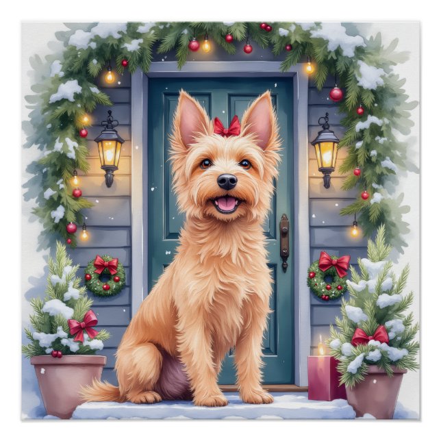 Poster Watercolor Australian Silky Terrier Snowy Doorstep (Devant)