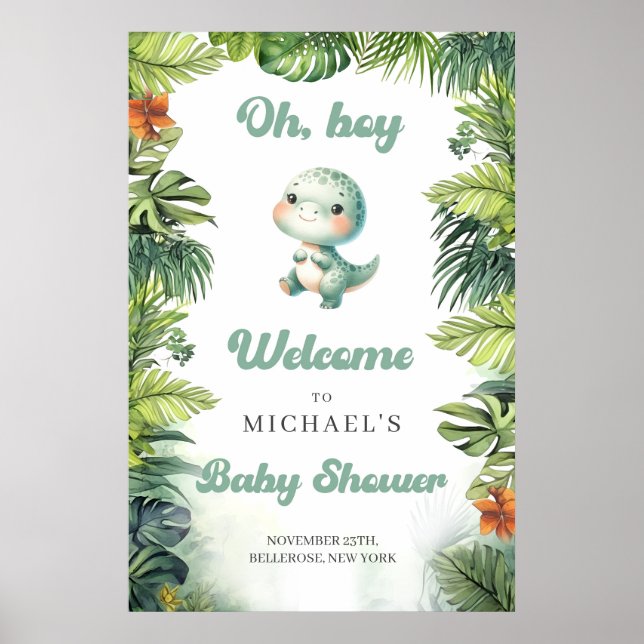Poster Watercolor baby dinosaur retro groovy welcome (Devant)