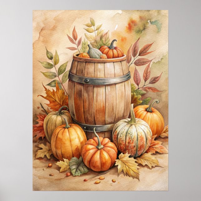Poster Watercolor Barrel with Pumpkins Fall (Devant)