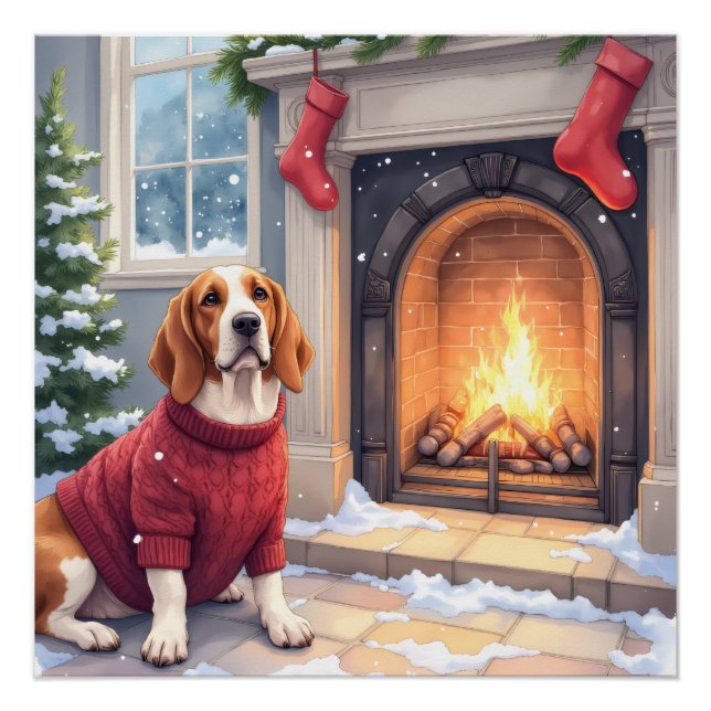 Poster Watercolor Basset Hound Cozy Fireplace Christmas (Devant)
