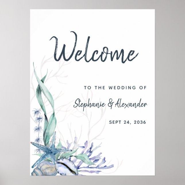 Poster Watercolor Beach Ocean Mariage Bienvenue (Devant)
