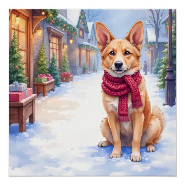 Poster Watercolor Berger Picard Village Square Christmas  (Devant)