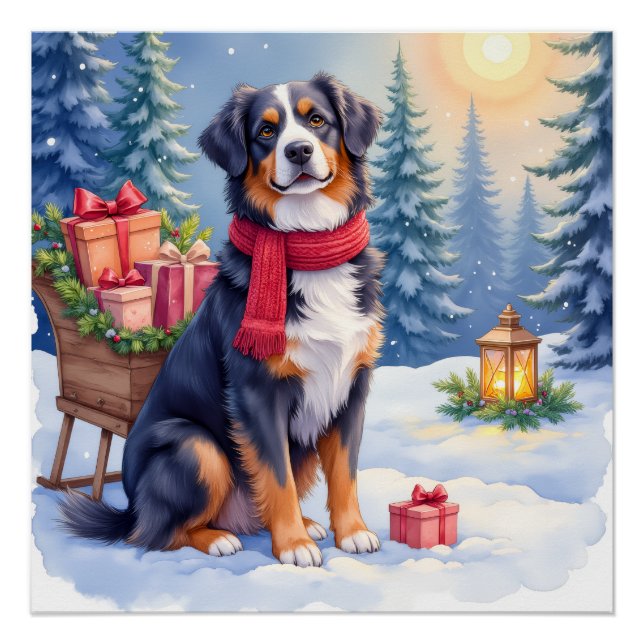 Poster Watercolor Bernese Mountain Dog Sleigh Christmas (Devant)
