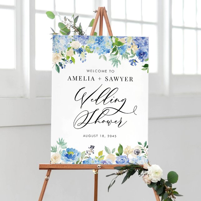 Poster Watercolor Blue Hydrangeas Wedding Shower Welcome (Créateur téléchargé)