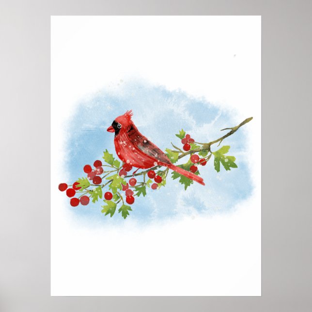 Poster Watercolor Cardinal Bird on Berry Branch  (Devant)