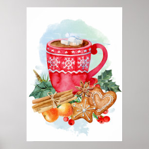 Poster Watercolor Christmas Hot Chocolate Marshmallow